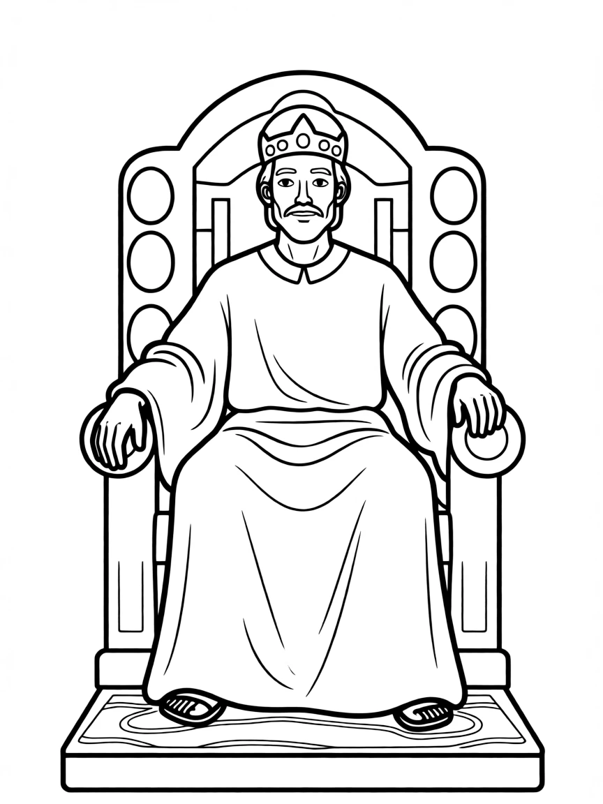 King Solomon on his throne, looking thoughtful and wise.