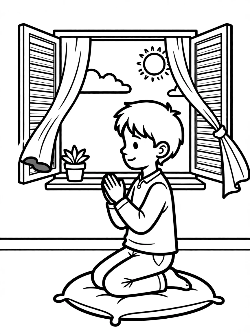Daniel praying, with an open window and a peaceful expression.