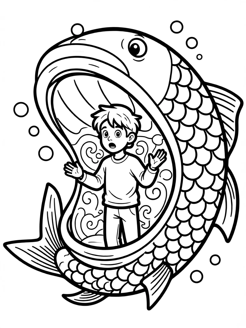 Jonah in the belly of the big fish, looking surprised.