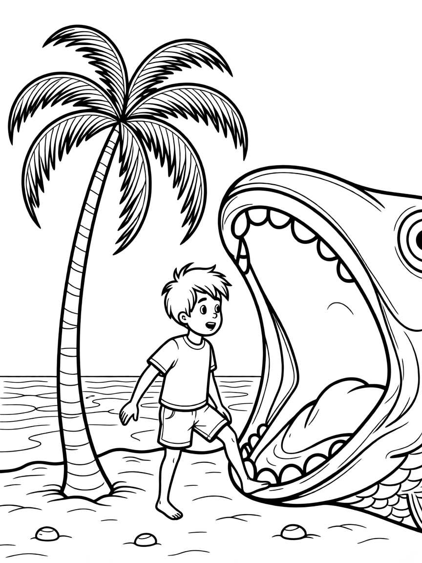 Jonah being spit out onto dry land, near a palm tree.