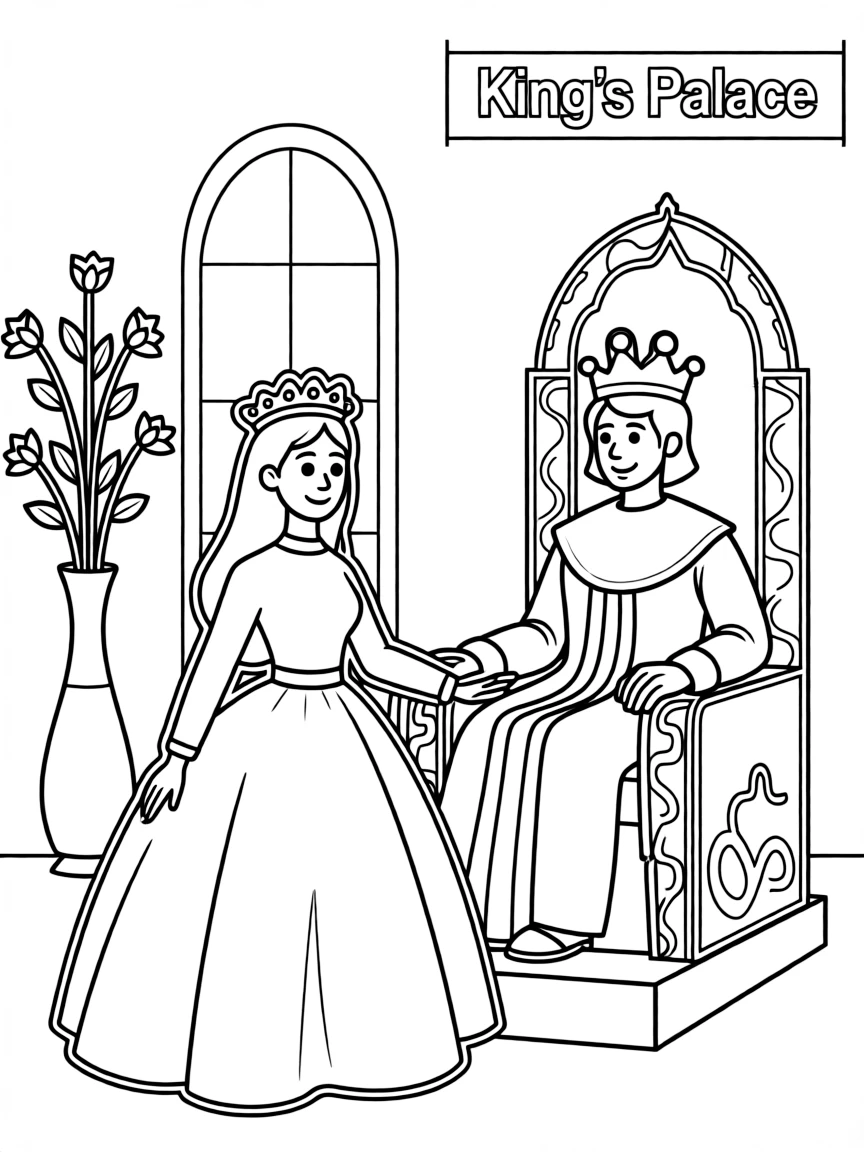 Queen Esther beautifully dressed, standing before the king.