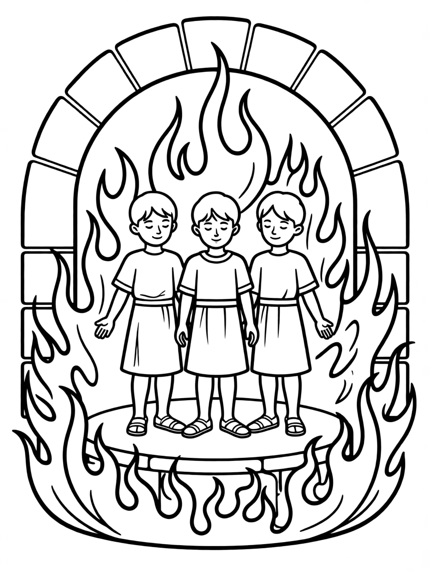 Shadrach, Meshach, and Abednego in the fiery furnace, unharmed.