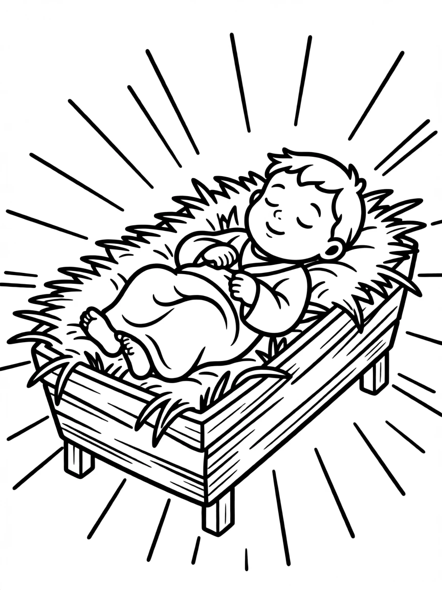 Baby Jesus in the manger, wrapped in swaddling clothes.