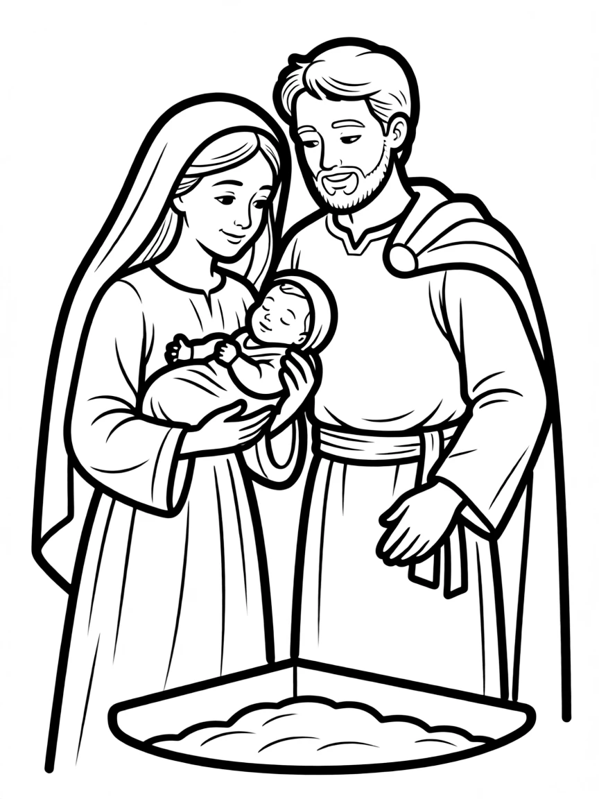 Mary and Joseph with baby Jesus, looking lovingly at him.