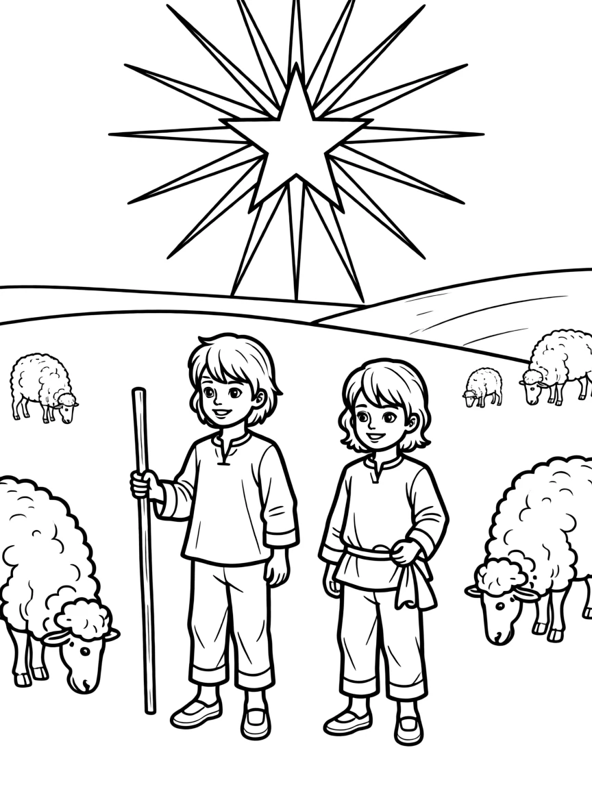 Shepherds in the field, looking up at a bright star.
