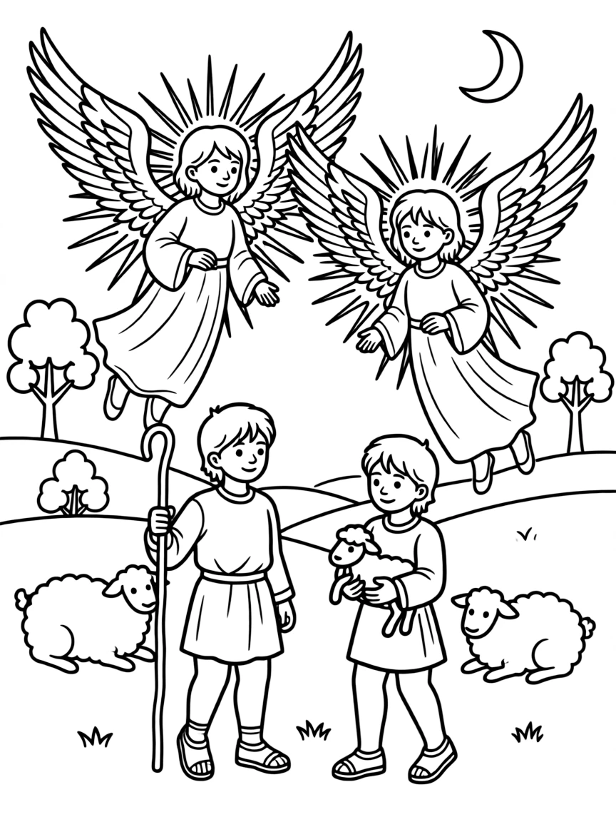 Angels appearing to the shepherds, with shining wings.