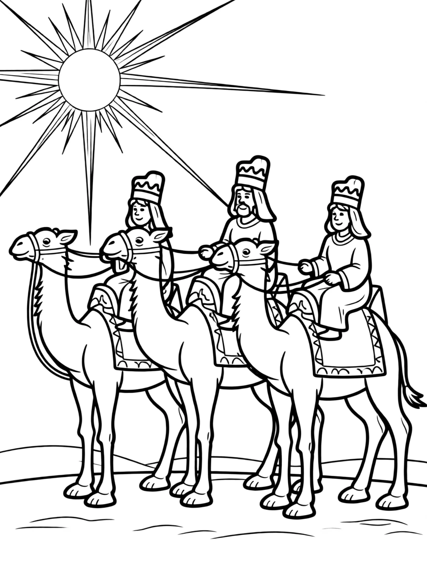 Three wise men riding camels, following a star.