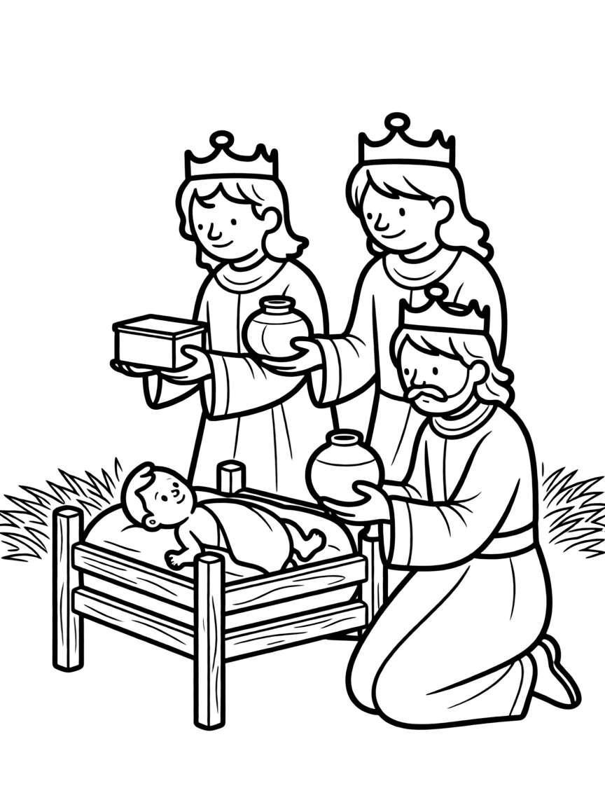 The wise men offering gifts to baby Jesus, kneeling.