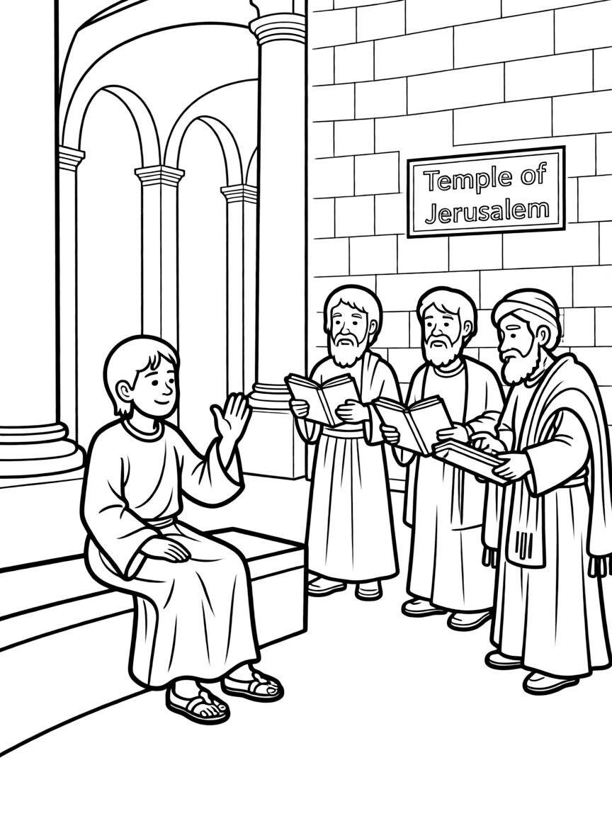 Young Jesus in the temple, listening and asking questions.