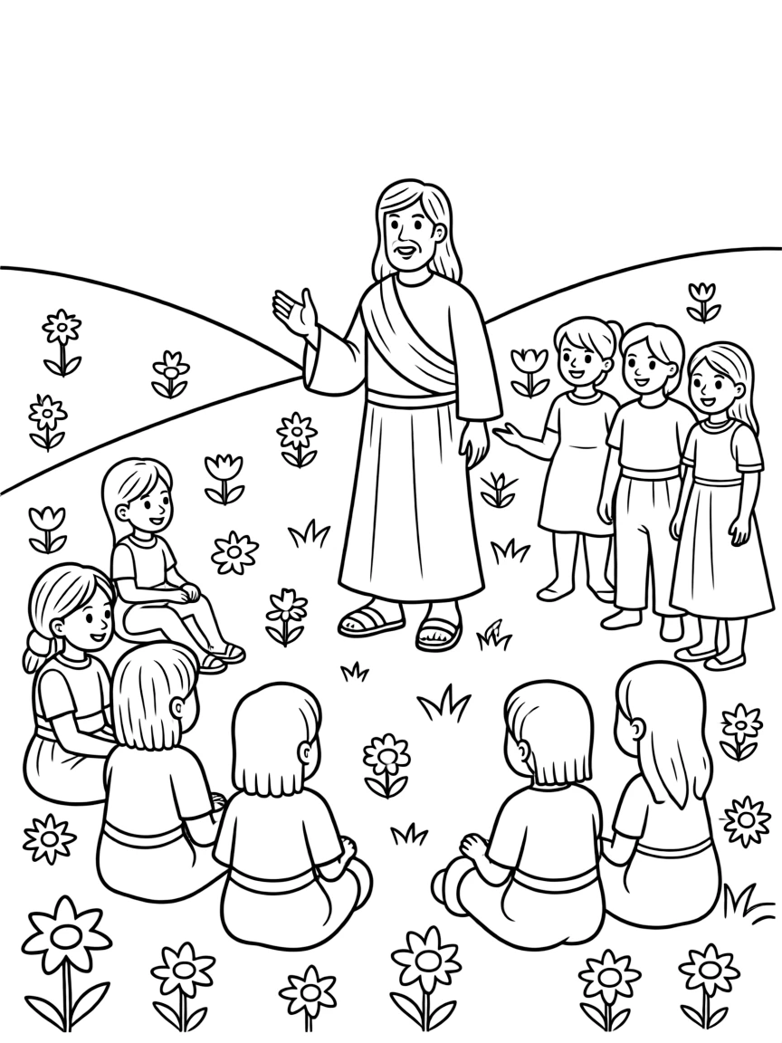Jesus teaching a crowd on a hillside, with flowers around them.