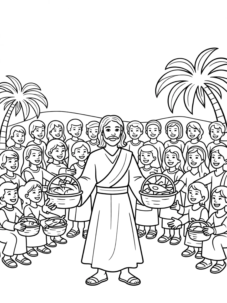 Jesus feeding five thousand, with a happy crowd.