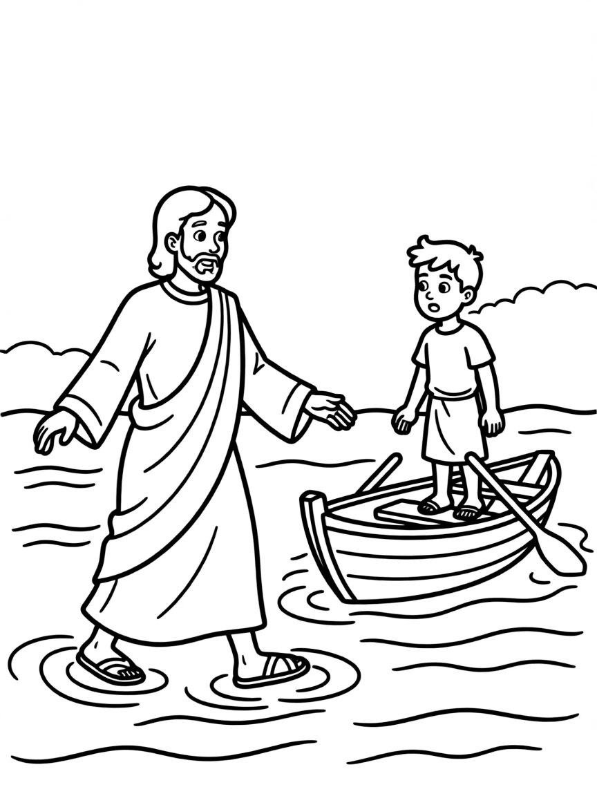 Jesus walking on water, with Peter looking amazed.