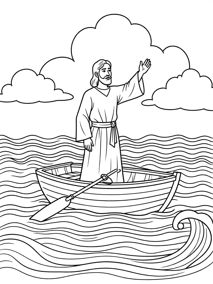 Jesus calming a stormy sea, with calm waves.