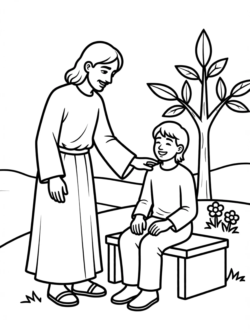 Jesus healing a sick person, with a kind hand.