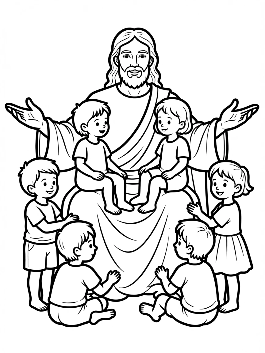 Jesus welcoming little children, with them sitting on his lap.