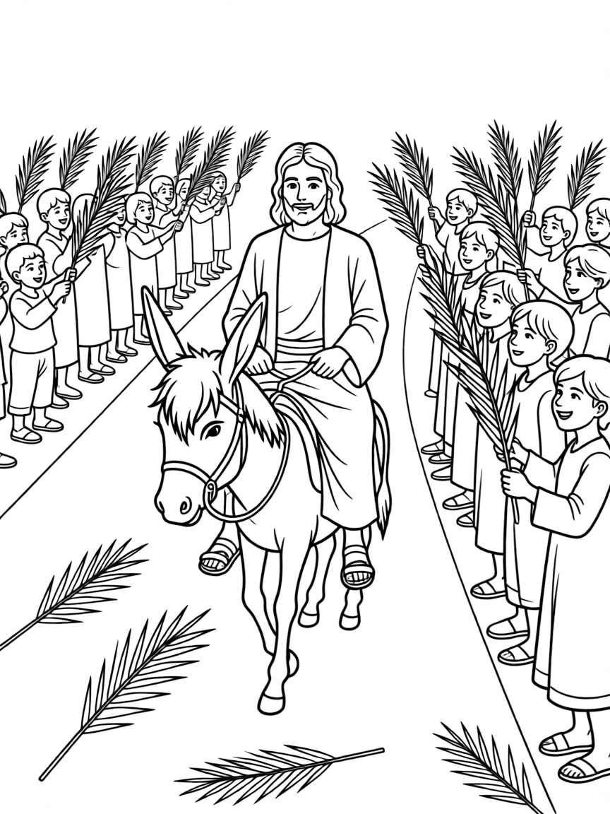 Jesus riding into Jerusalem on a donkey, with people waving palm branches.