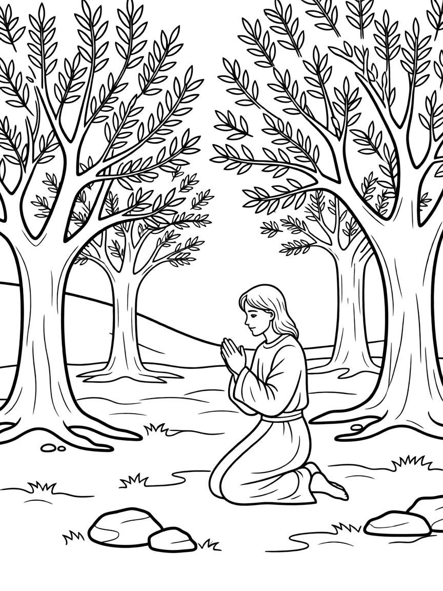 Jesus praying in the Garden of Gethsemane, with trees around him.