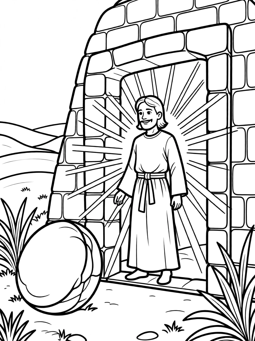 Jesus rising from the tomb, with light shining.