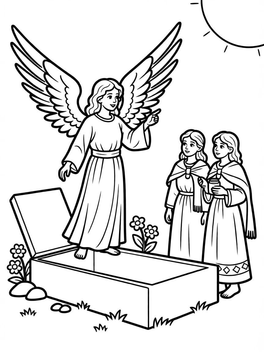 An angel on the empty tomb, telling women Jesus is risen.