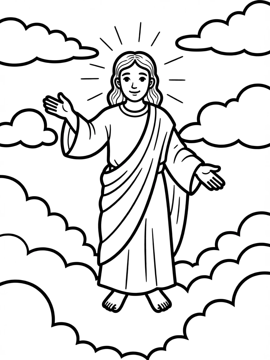 Jesus ascending into heaven, with clouds around him.