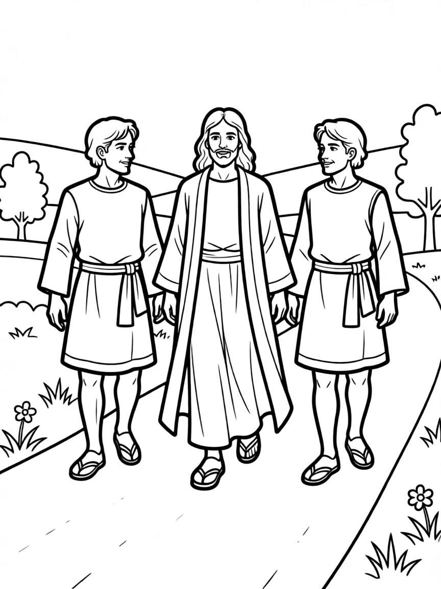 Disciples on the road to Emmaus, walking with Jesus.