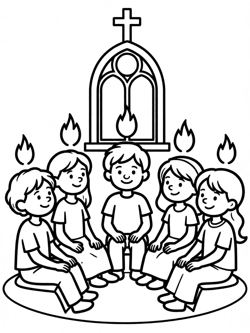 The Holy Spirit at Pentecost, with flames on heads.