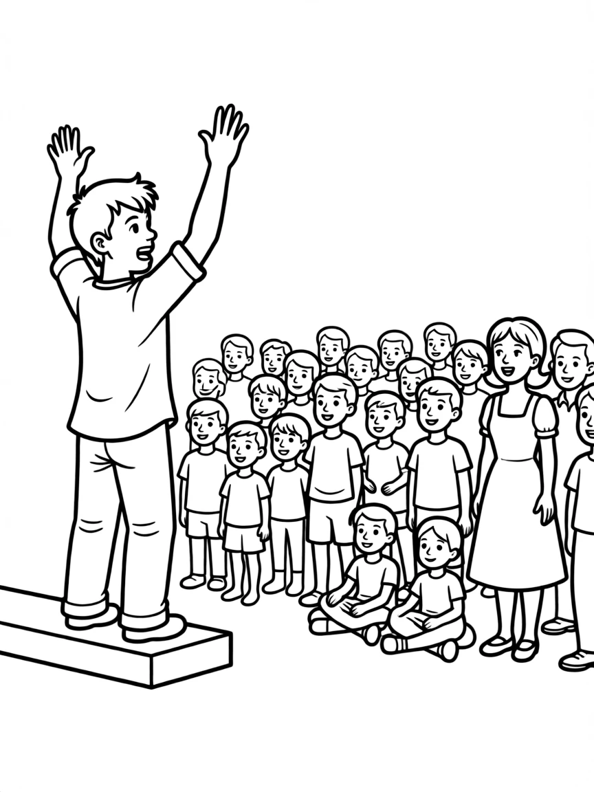 Peter preaching to a crowd, with hands raised.