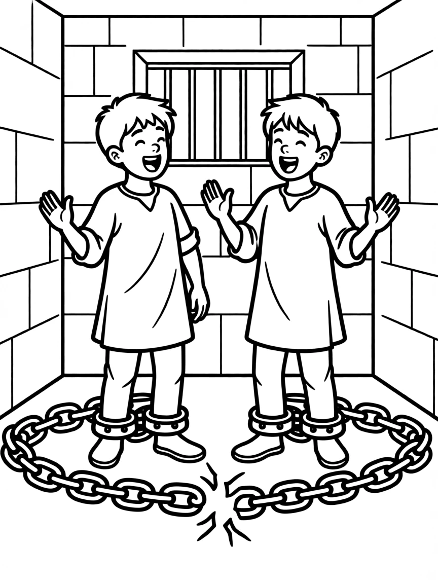 Paul and Silas singing in prison, with chains breaking.