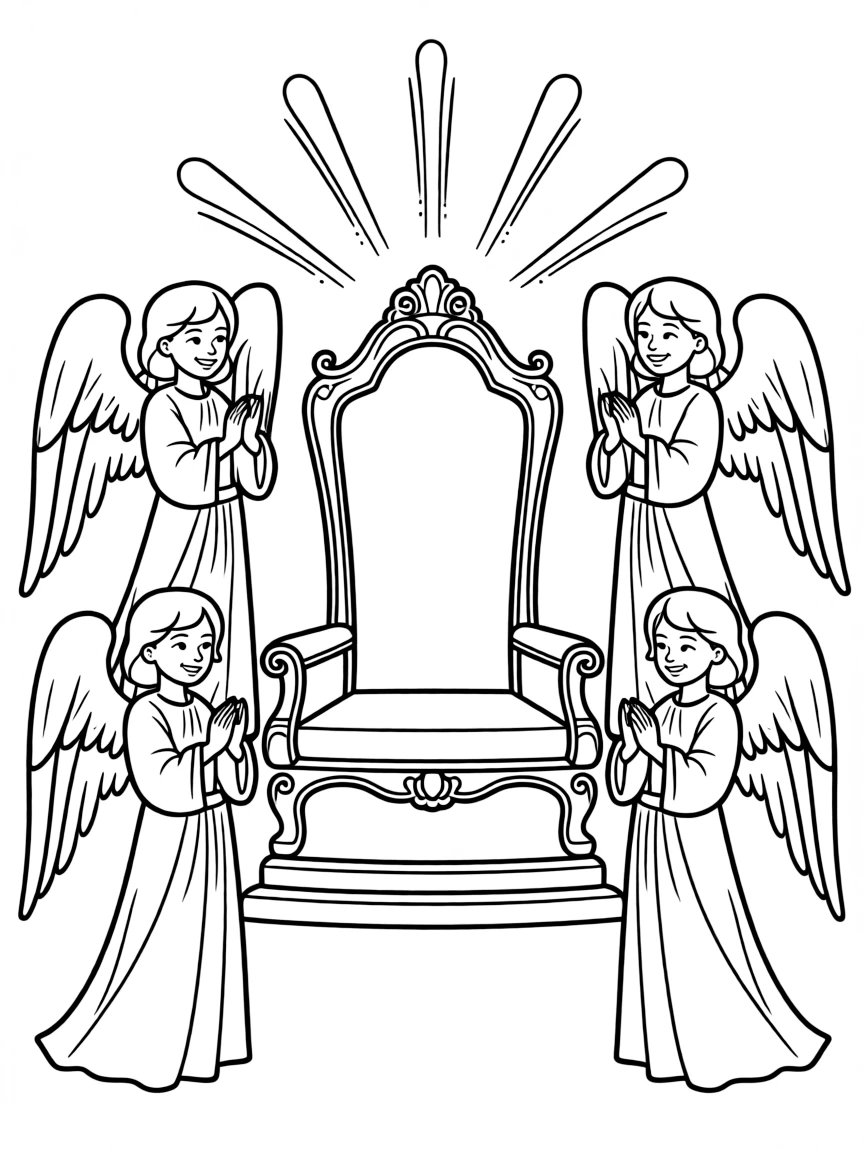 Angels praising God around a throne.