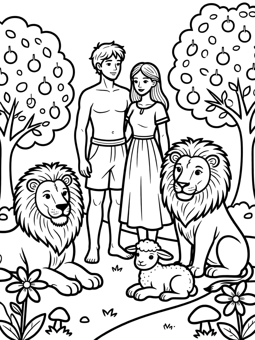 Adam and Eve with friendly animals, a lion, and a lamb.