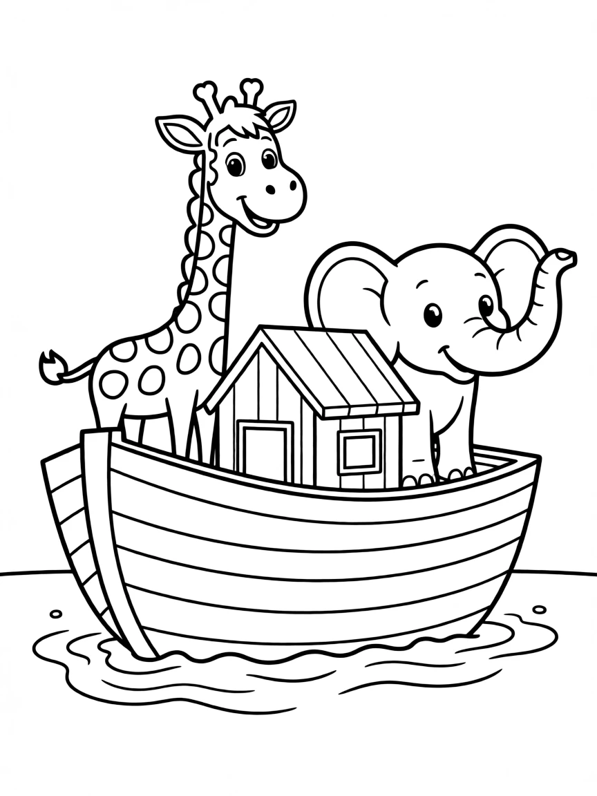 Noah's ark on the water, with a happy giraffe and elephant.