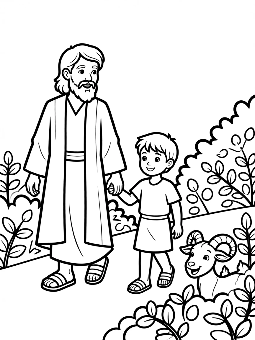 Abraham and Isaac walking, with a happy ram in the bushes.