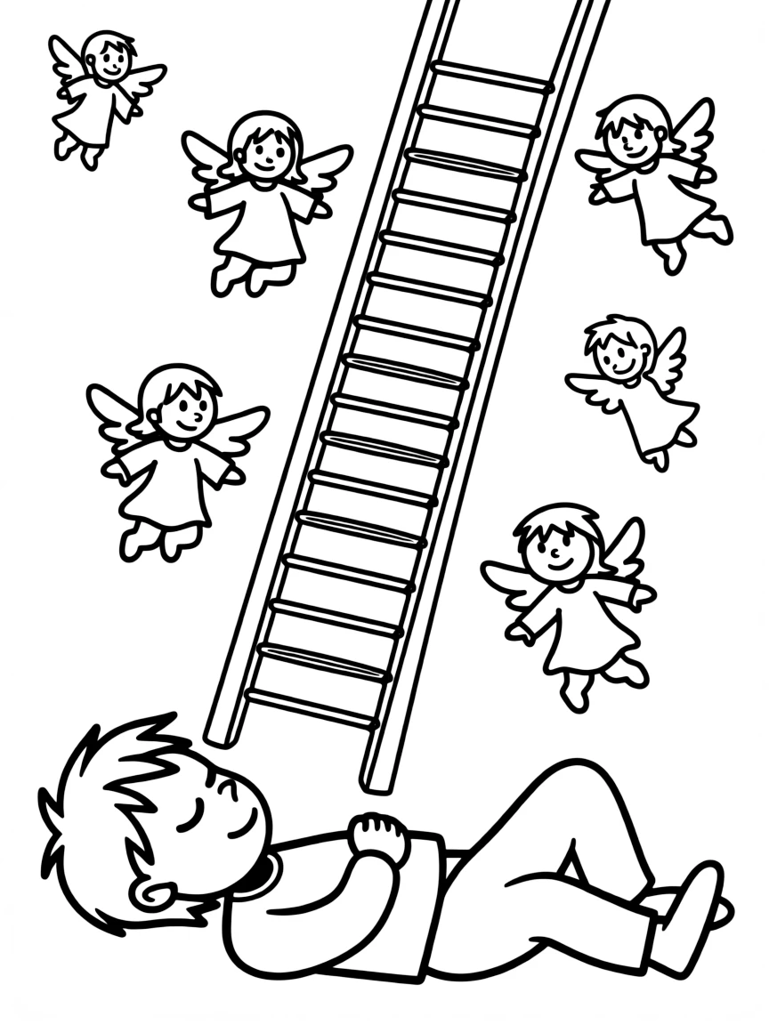 Jacob dreaming of a ladder, with angels going up and down.