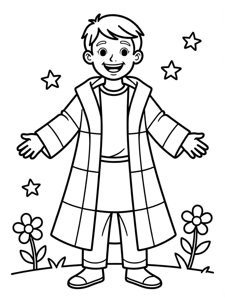 Joseph in his coat of many colors, smiling brightly.