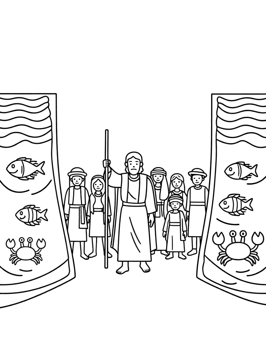 Moses leading the Israelites through the Red Sea, with fish and crabs.