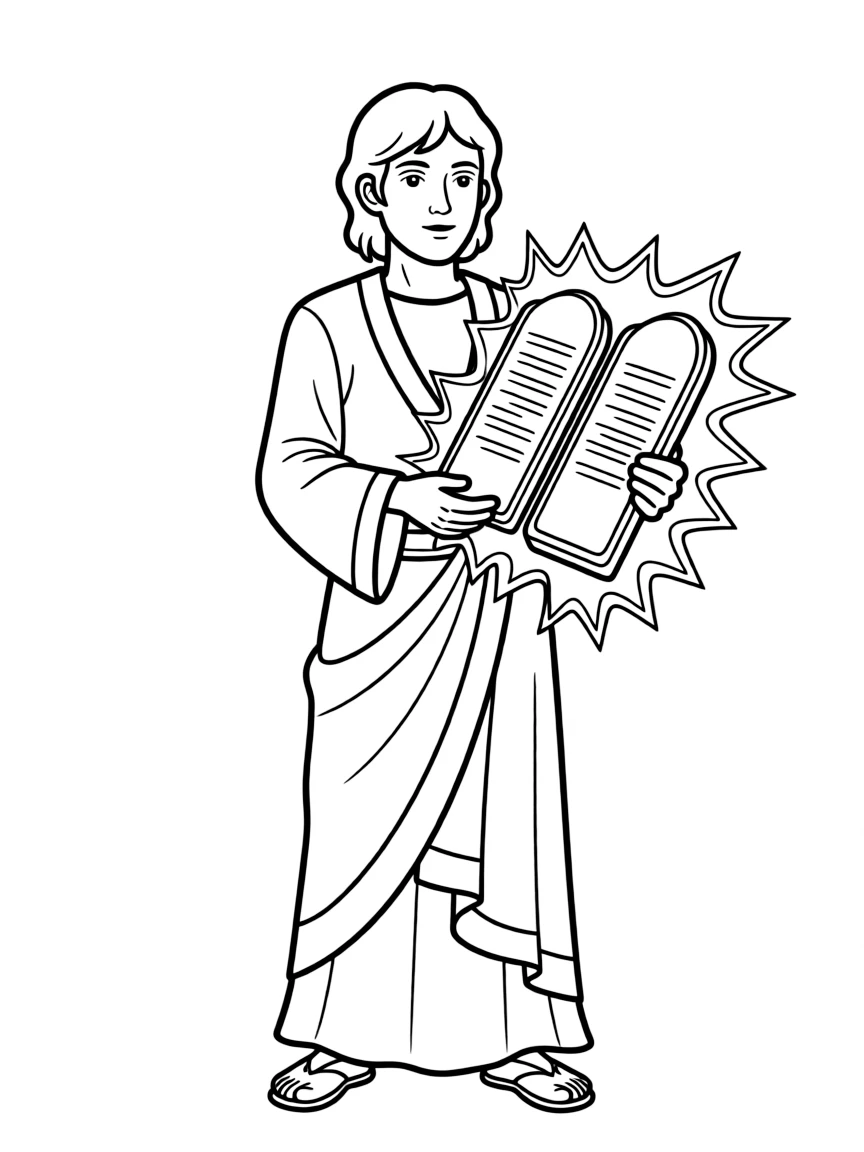 Moses holding the Ten Commandments, with glowing tablets.