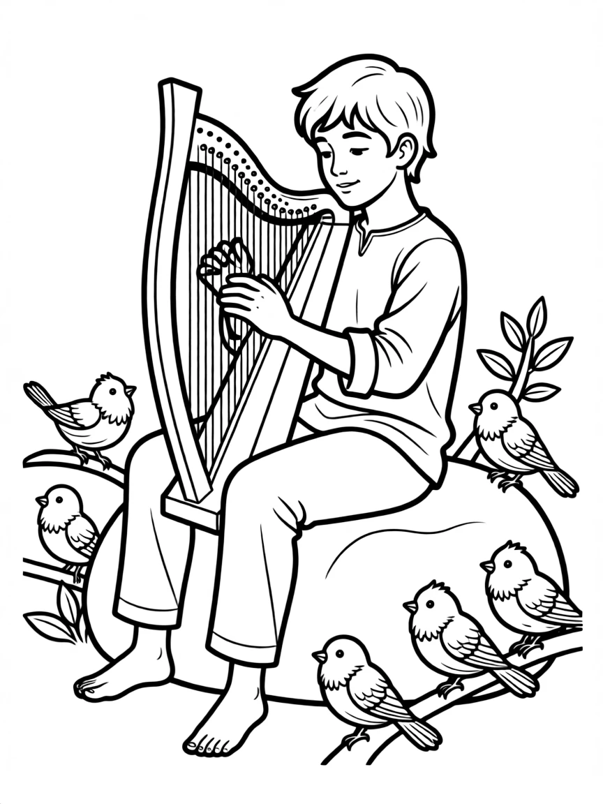 David playing his harp, with little birds listening.