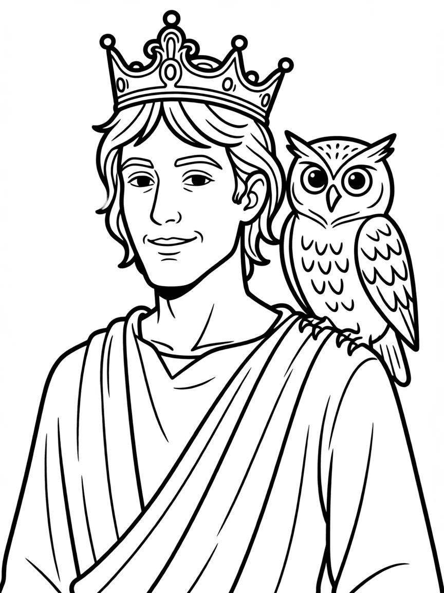 King Solomon looking wise, with a wise owl on his shoulder.