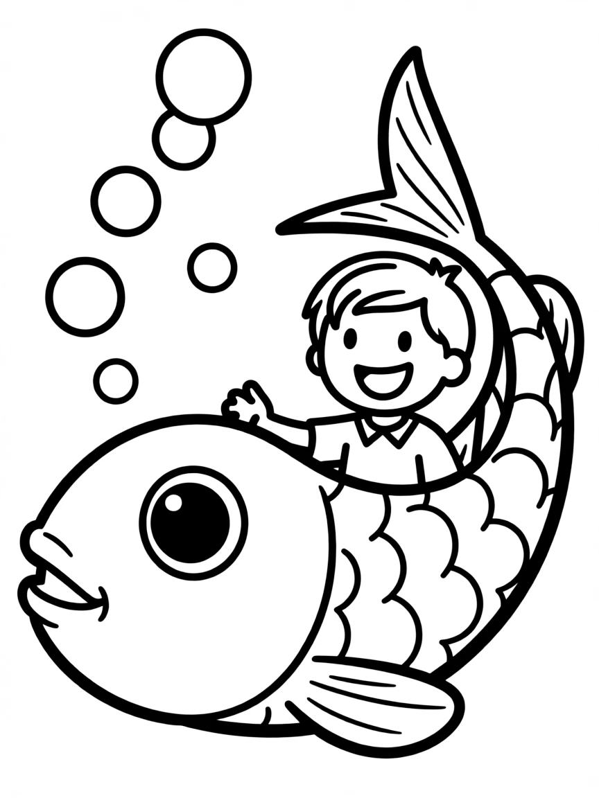 Jonah inside the big fish, with bubbles around him.