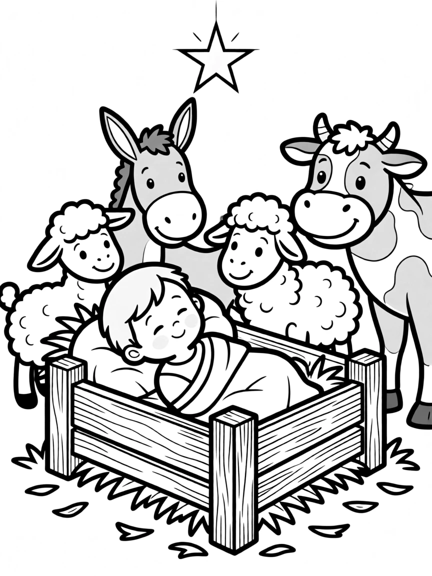 Baby Jesus in the manger, surrounded by happy animals.