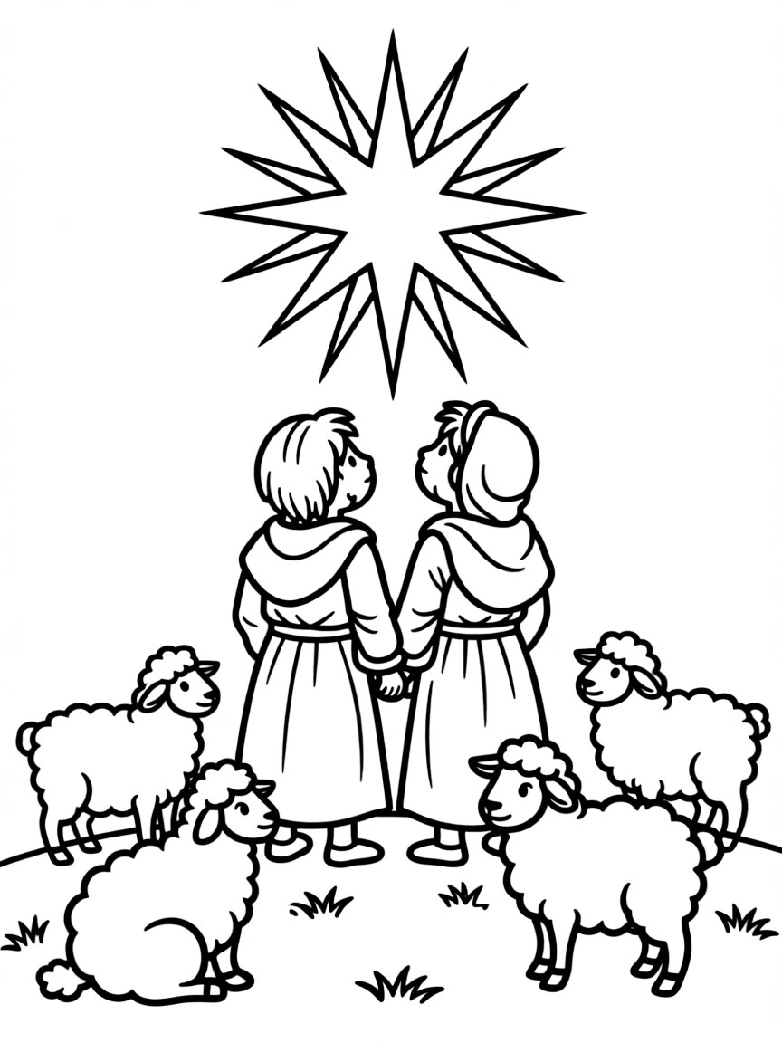 Shepherds looking at the star, with their fluffy sheep.