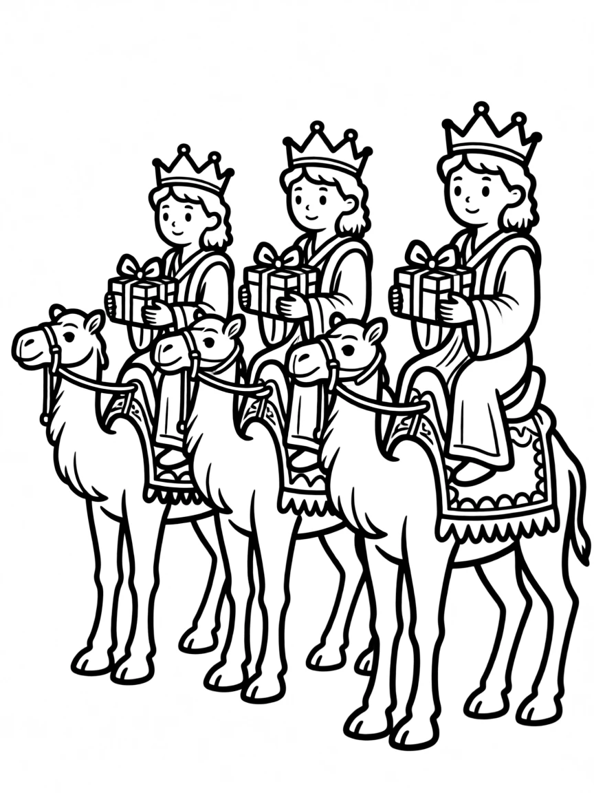 Wise men on camels, with presents wrapped with ribbons.