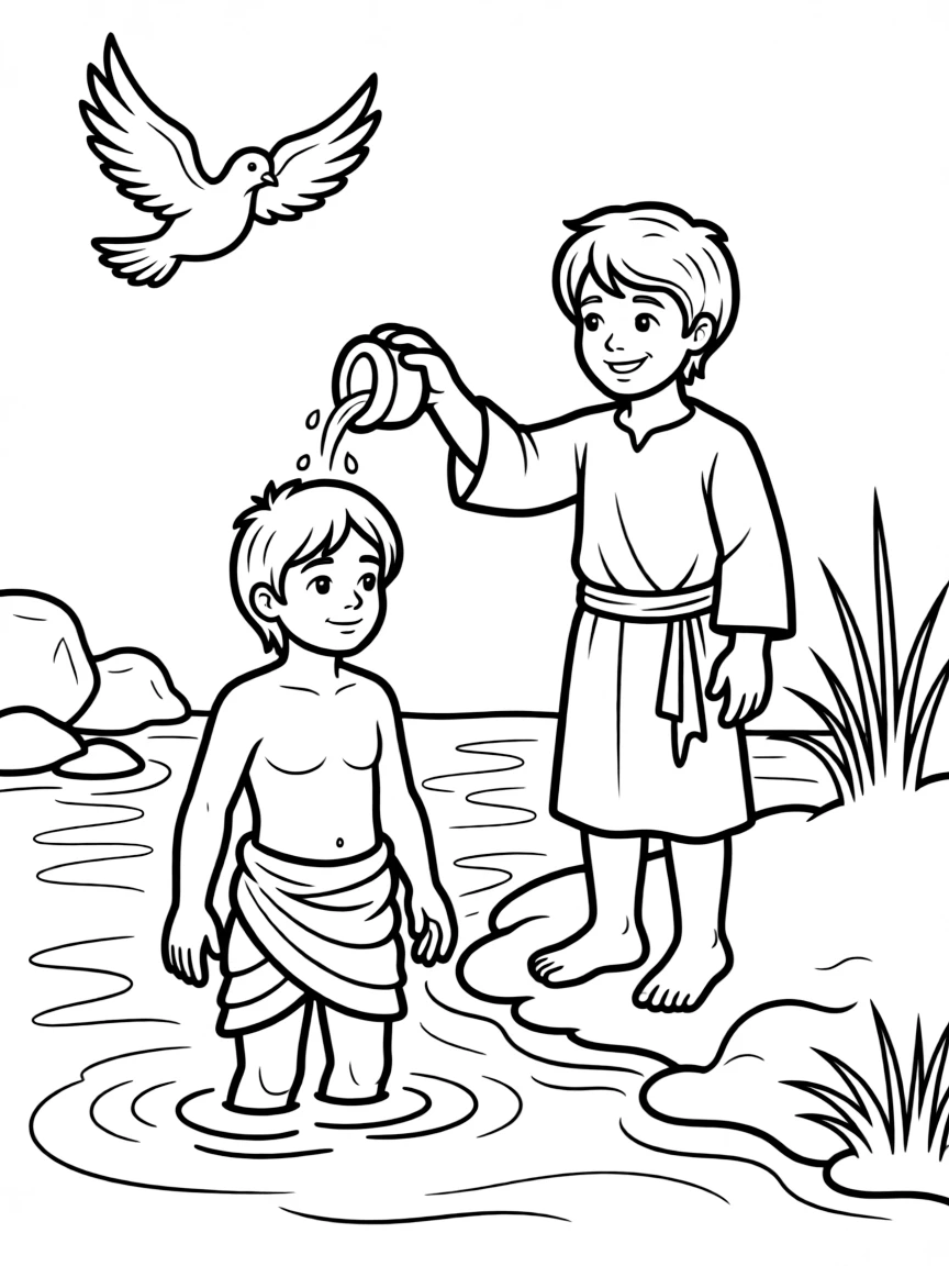 Jesus being baptized, with a happy John the Baptist.