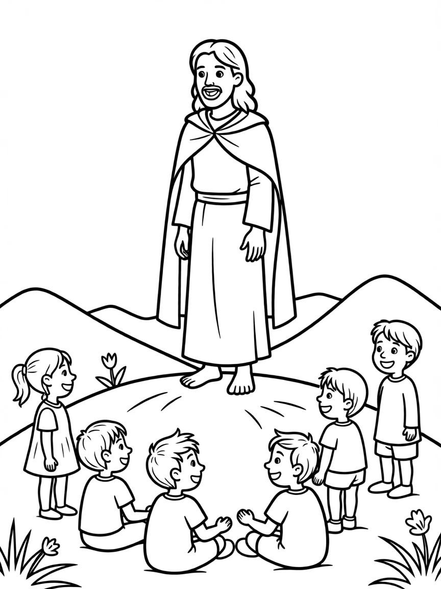 Jesus teaching on the mount, with happy children listening.