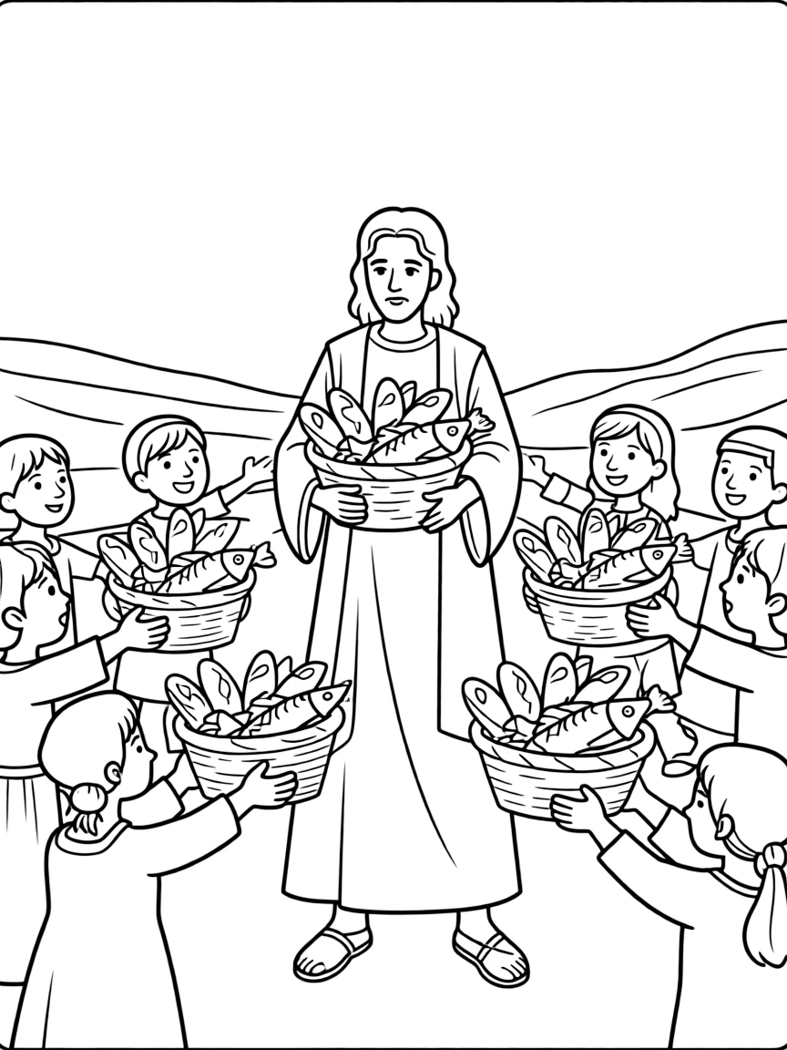 Jesus feeding thousands, with baskets of bread and fish.