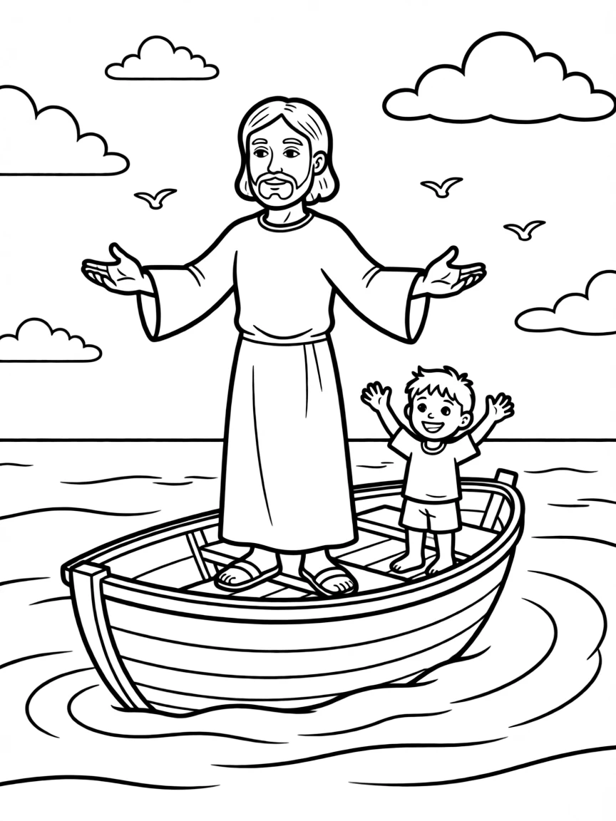 Jesus calming the storm, with a calm sea and happy boat.