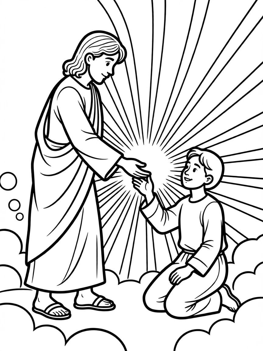 Jesus healing a person, with bright light from his touch.