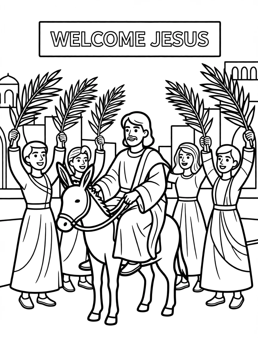 Jesus riding into Jerusalem, with people waving palm branches high.