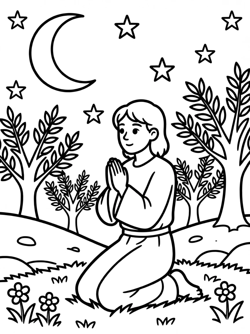 Jesus praying in the garden, with moon and stars.