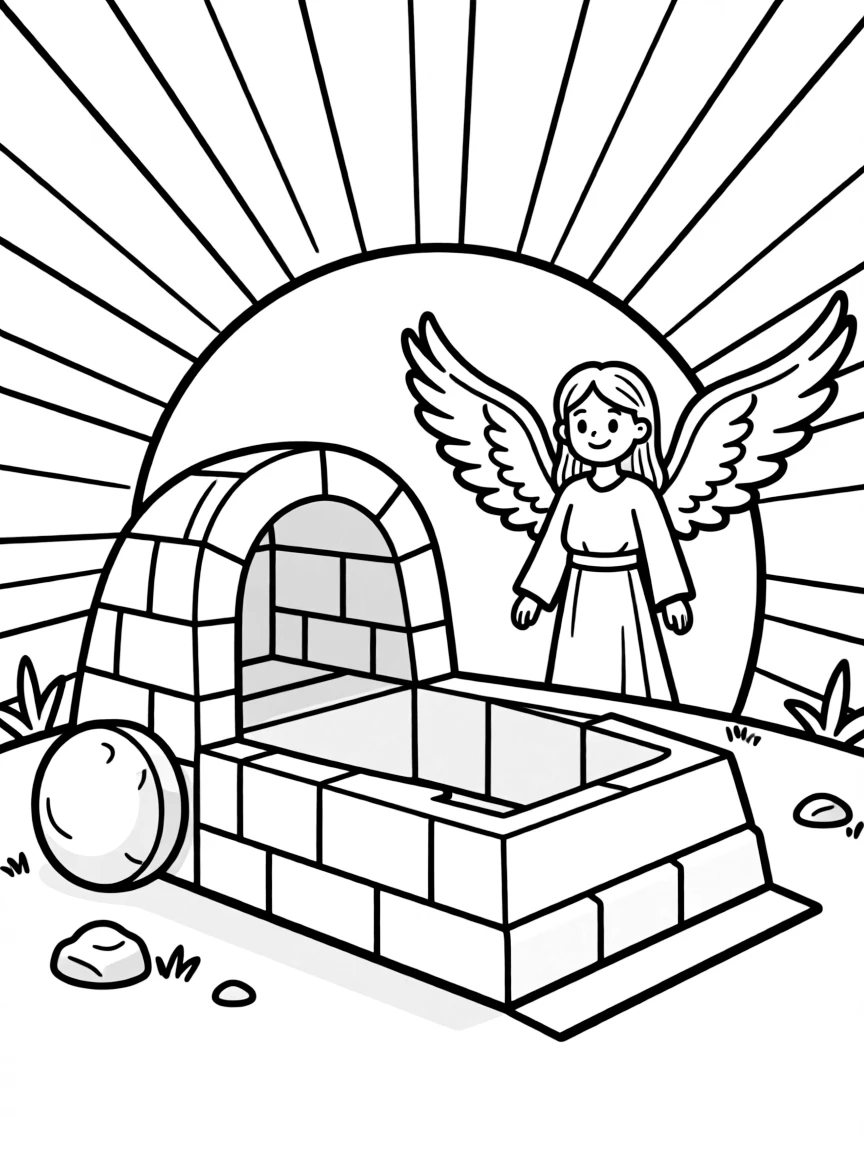The empty tomb, with the sun rising and a smiling angel.